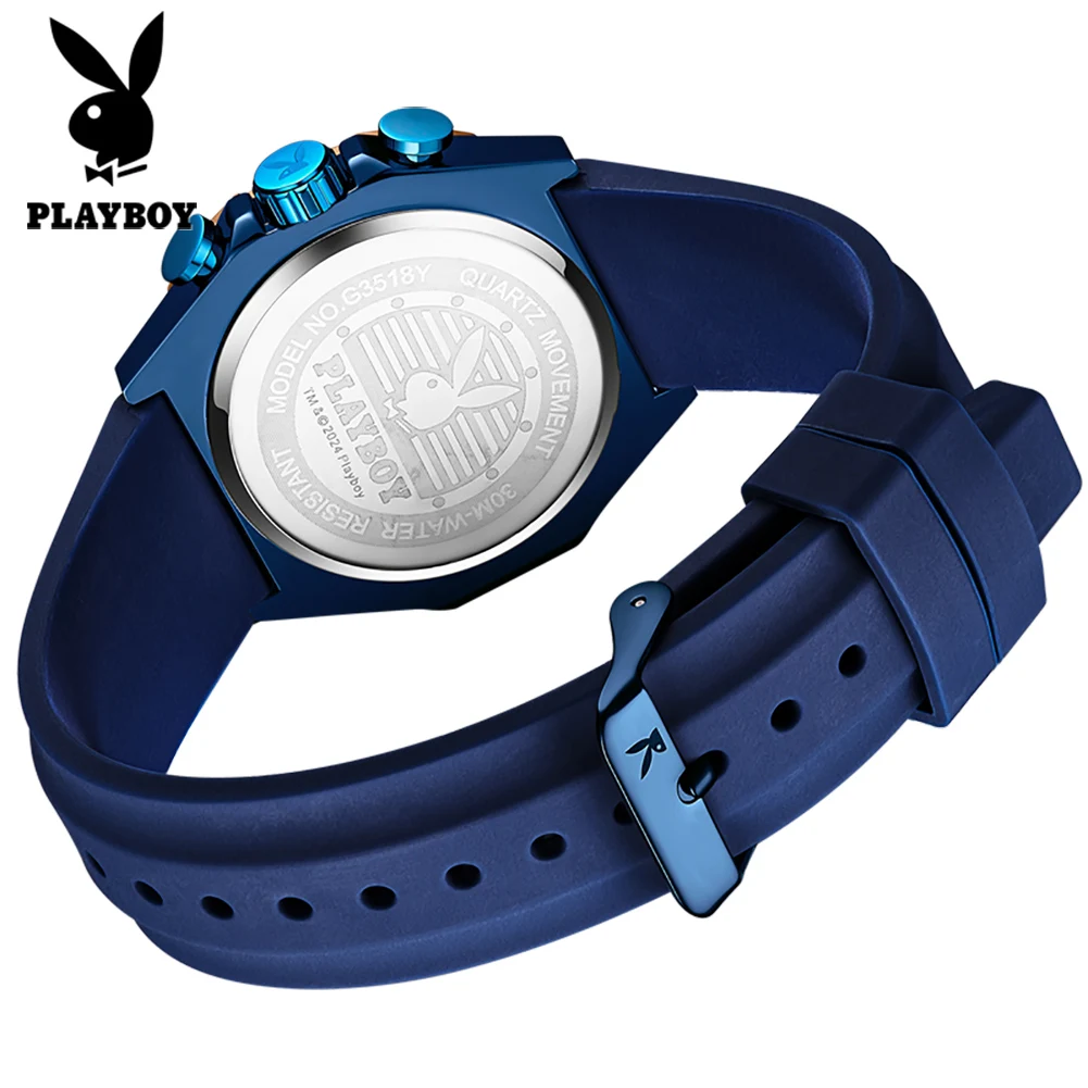 PLAYBOY 3518 Brand Original Authentic Watches for Man Luxury Gift Box Silicone Strap Multifunctional Quartz Men's Watch