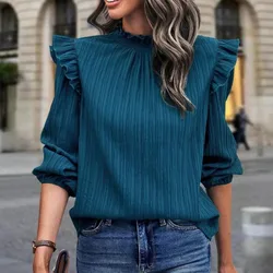 Spring and Autumn Women's Pullover Solid Color Ruffle Edge Standing Neck Panel Lantern Long Sleeve T-shirt Office Lady Tops