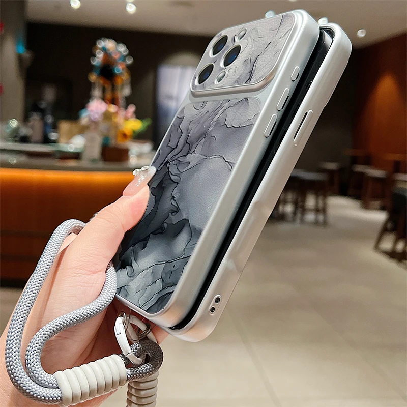 Matte Leather Texture Phone Case For iPhone 17 Pro 16 15 14 13 Pro Max Purple Marble Pattern Wrist Strap Lanyard Soft TPU Cover view 6
