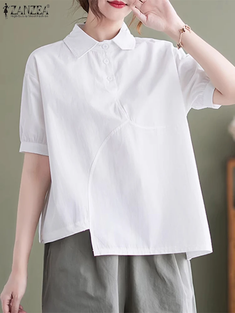 2024 ZANZEA Women Summer OL Work Shirt Asymmetrical Blouse Casual Solid Tops Femme Elegant Lapel Neck Short Sleeve Blusas Mujer