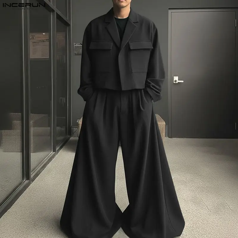 INCERUN Men Sets Solid Color Lapel Long Sleeve Crop Blazer & Pants Two Pieces Sets Streetwear Loose Fashion Men's Casual Suits