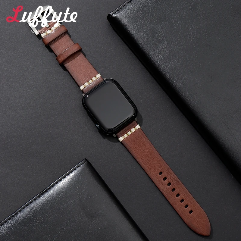 Vegetable Tanned Leather Strap for Apple Watch Ultra 2/1 SE SE2 Series 9 8 7 6 5 4 Watchband 49/45/44/42mm 41/40/38mm for iWatch