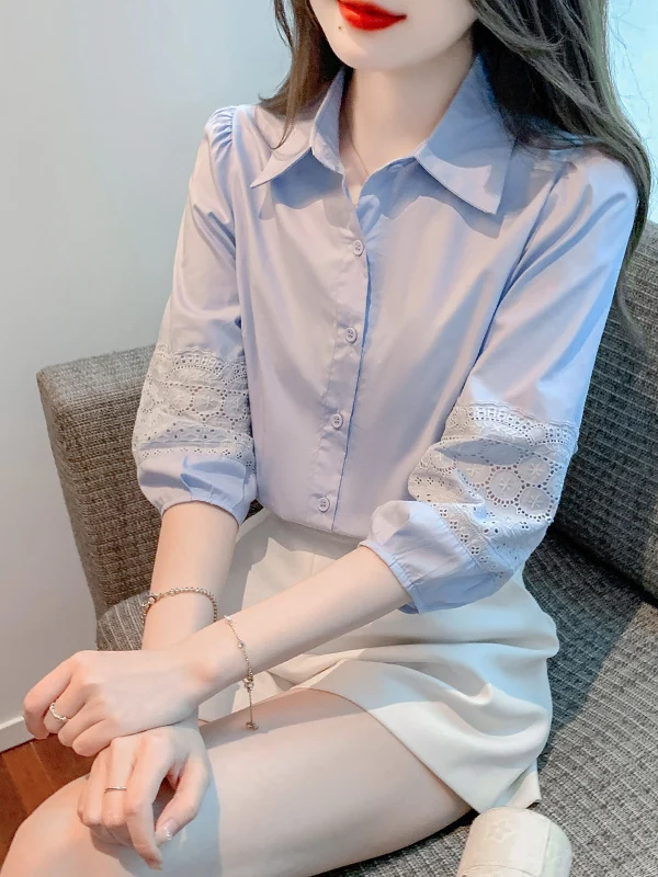 Spring Autumn Ladies Mid-Sleeve Shirt Design Sensation Small Size Spring Summer New Style Commute Style Korean Version  C...