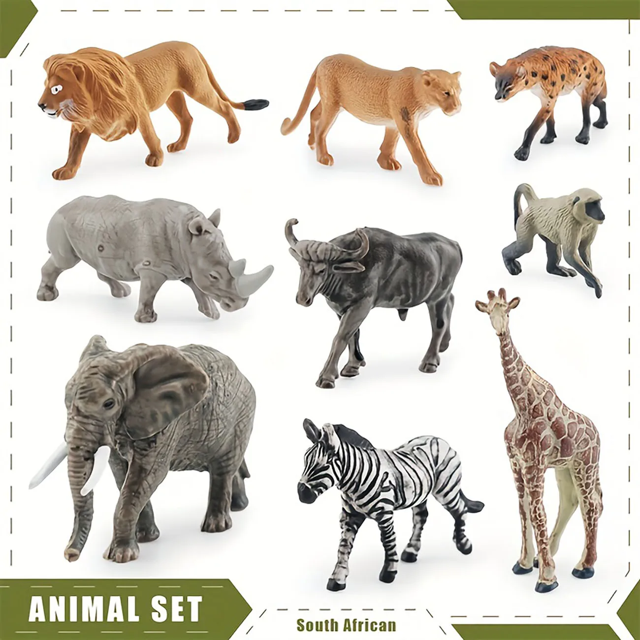 9Pcs Simulated South African Animals Zebra Lion Giraffe Lioness White Rhino African Elephant Model Toy Ornaments