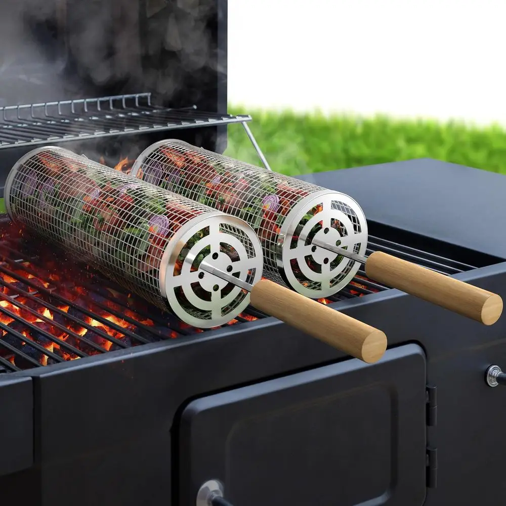 

Portable Stainless Steel BBQ Basket - Large Round Grilling Basket with Handle for Outdoor Cooking, Perfect for Fish, Shrimp, and