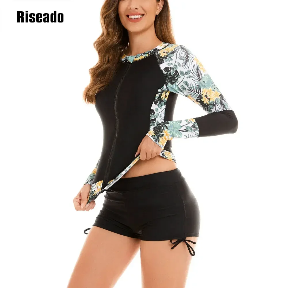 2025 Nueva tendencia 2 piezas Rash Guard para mujer, manga larga con pantalones cortos UPF 50+ traje de baño para surf