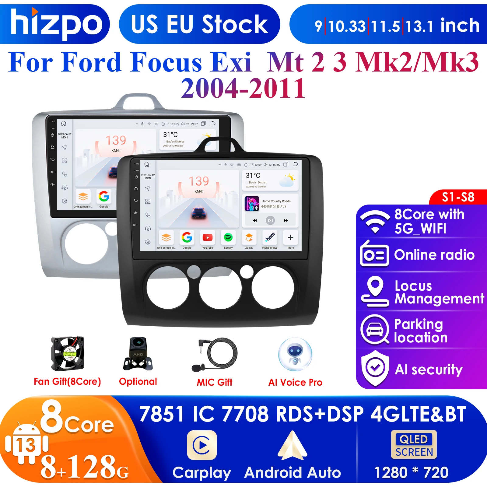 

Hizpo Carplay 4G 9'' 10.33'' 8+256 2din Android Car Radio for Ford Focus 2 3 Mk2 Mk3 2004-2011 Multimedia Video Player Autoradio