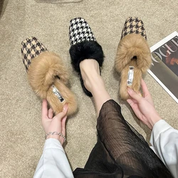 Aphixta Winter Gingham Upper Long Real Rabbit Fur Plush Women Slippers Nature Warm Furry Shoes Square Toe Flat Heel Hair Slides