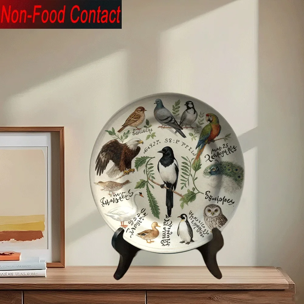 1pc Vintage Ceramic Decorative Plate - Hand-Painted Bird & Floral Design, Non-Food Contact, Perfect for Home, Office, or
