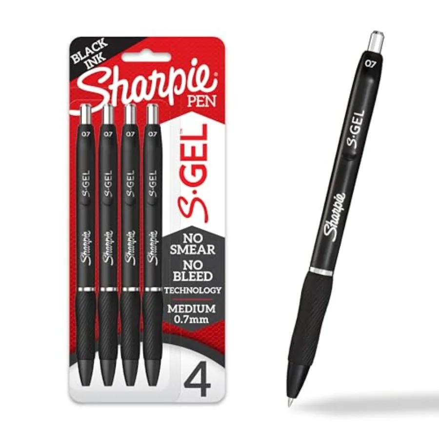 

S-Gel Pens, Medium Point 0.7mm,Black Ink, 4 Count - Ideal for Writing, Journaling, Drawing, Coloring, Note-Taking, College Supp