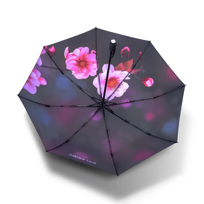 Cherry blossom three fold umbrella travel portable flexible literary small fresh vinyl sunscreen umbrella for men and women