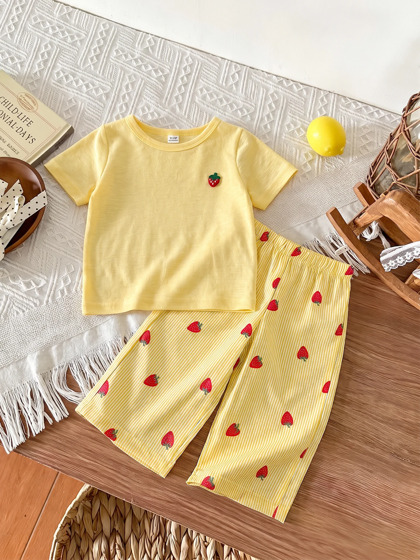 Toddler Girl Summer Casual Outfit Set with Cute Strawberry Embroidery And Striped Long Pants