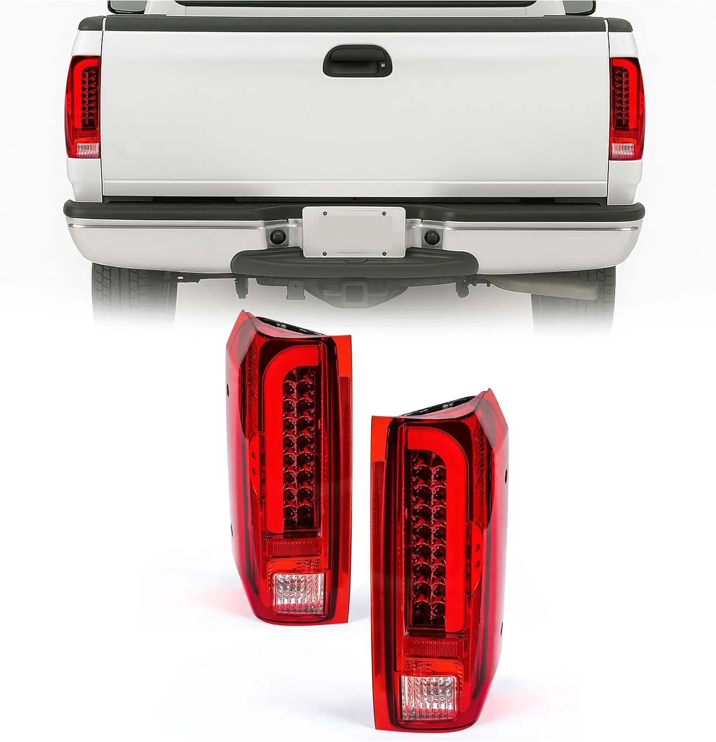 

LED Tail Light Assembly for 1990-1997 Ford F150/250/350/Bronco/Super Duty Styleside Only - Red Lens LED Tube Bar 3D Brake Light