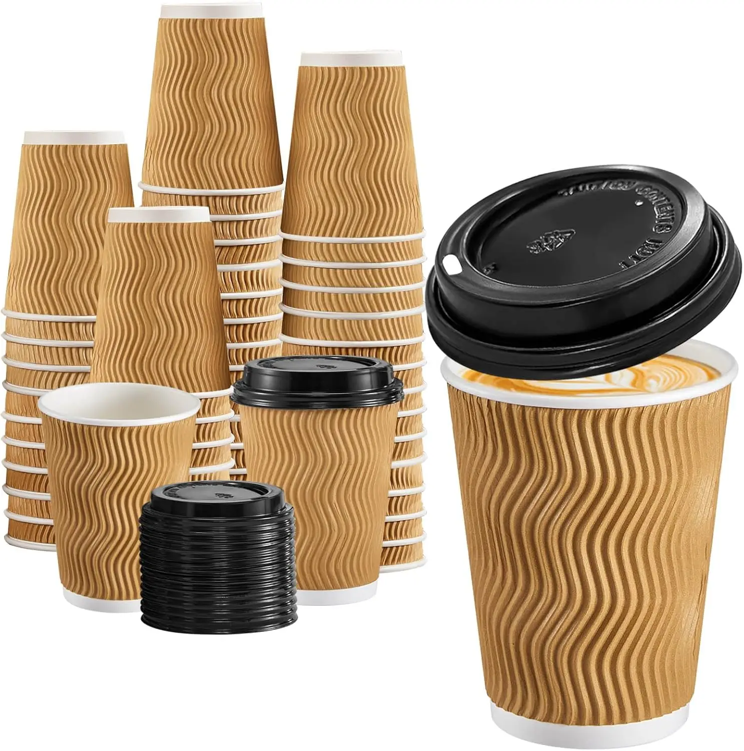

100 Pack 12 oz Insulated Disposable Paper Coffee Cups with Lids, To Go Coffee Cups with Lids, Corrugated Ripple wall Cup