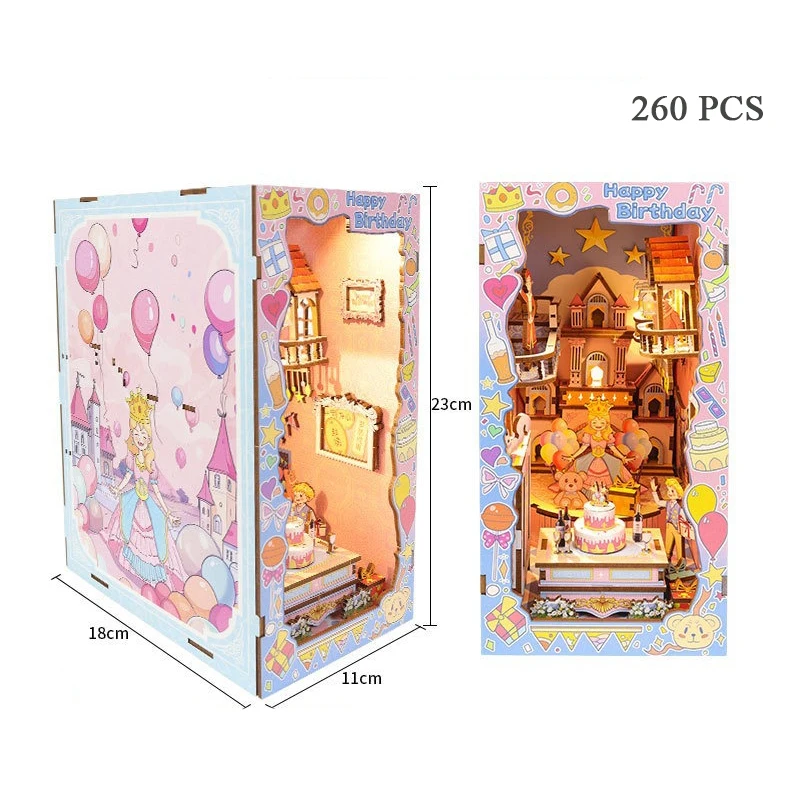 DIY หนังสือไม้ Nook ชั้นวางชุดเค้กวันเกิดแฮปปี้ Miniature ชุดชั้นวางหนังสือ Light Bookend สําหรับของขวัญเพื่อน