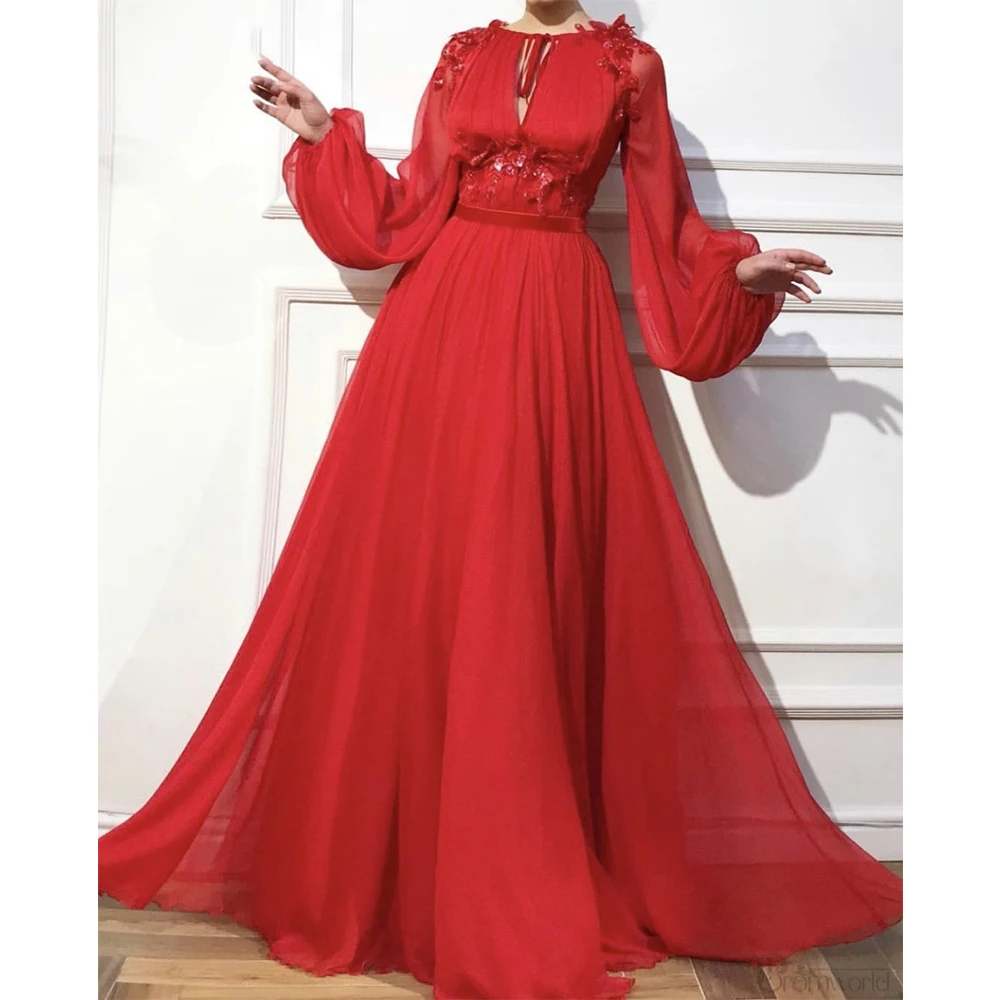 Vestidos de fiesta con apliques de encaje de tul rojo musulmán, cuello redondo, mangas largas abullonadas, vestidos de noche de boda, vestidos de fiesta de corte a