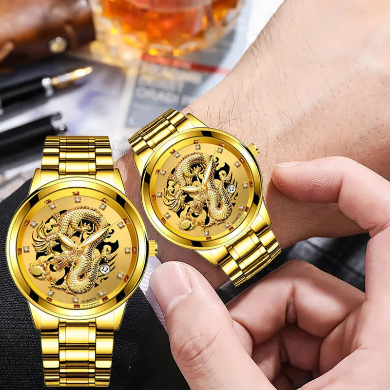 Luxury Fashion Ultra-thin Watch Men Quartz Watch Men Dragon Pattern Luminous Gold Color Quartz Stainless Steel Band