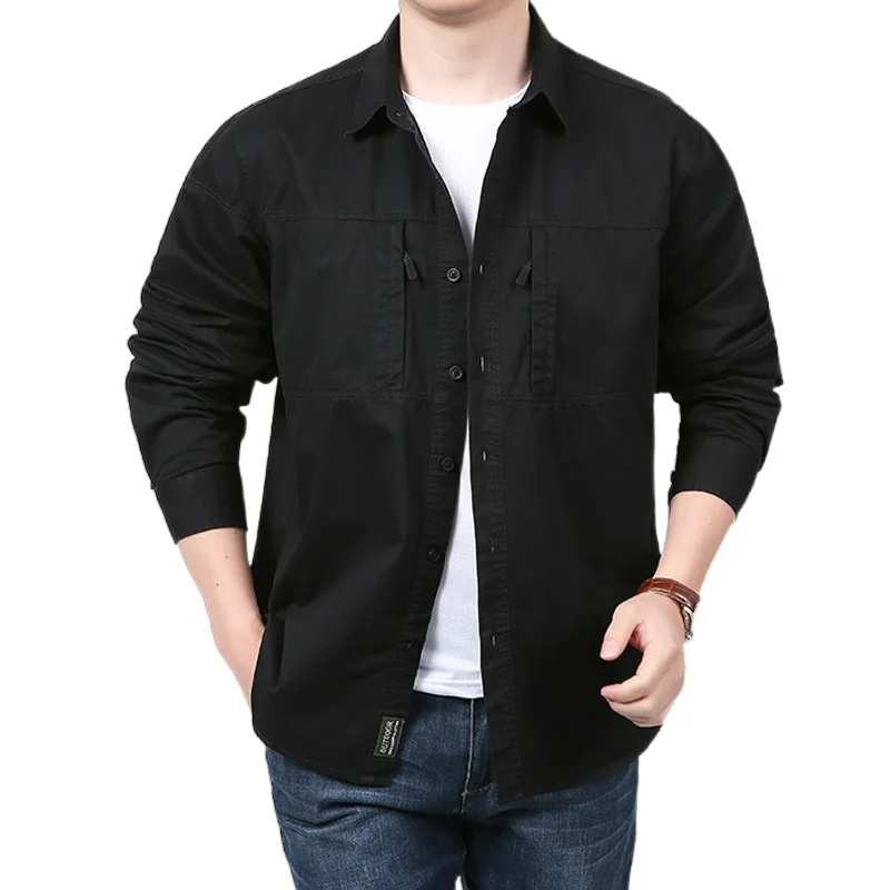 Autumn And Summertime Travel Shoot StylePocket Shirt For Men Solid Color Slim Casual Men Shirts Long Movement Sleeve Running