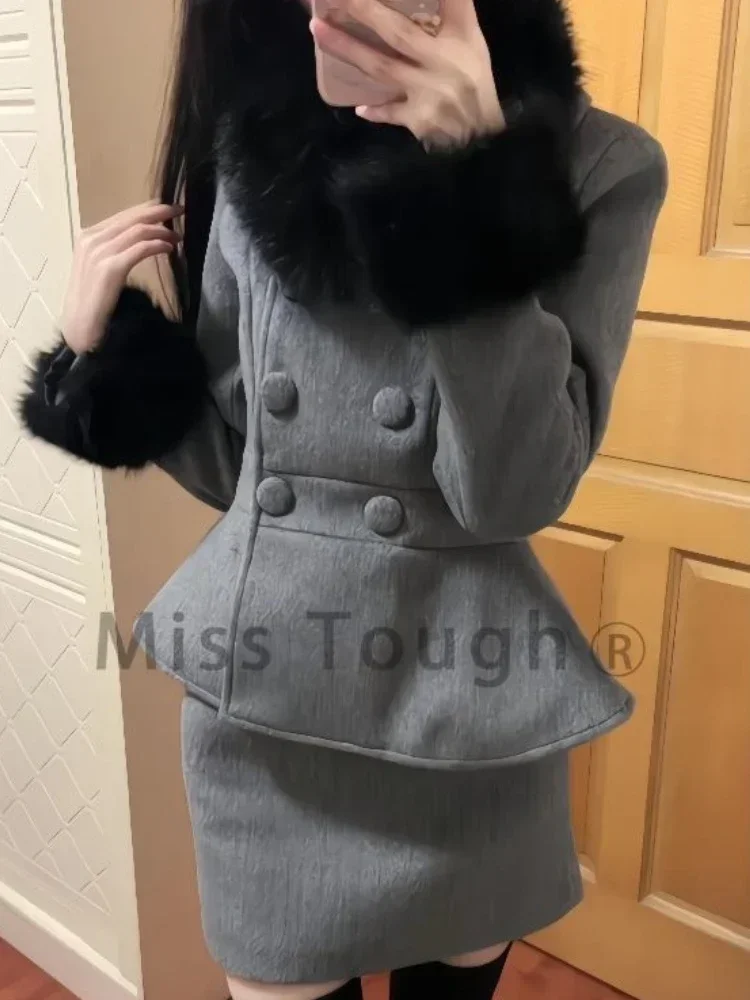 French Winter Fashion Elegant Slim 2-piece Set Women High Street Design Solid Long Sleeve Coat + High Waist Skirt Suit 2025 New