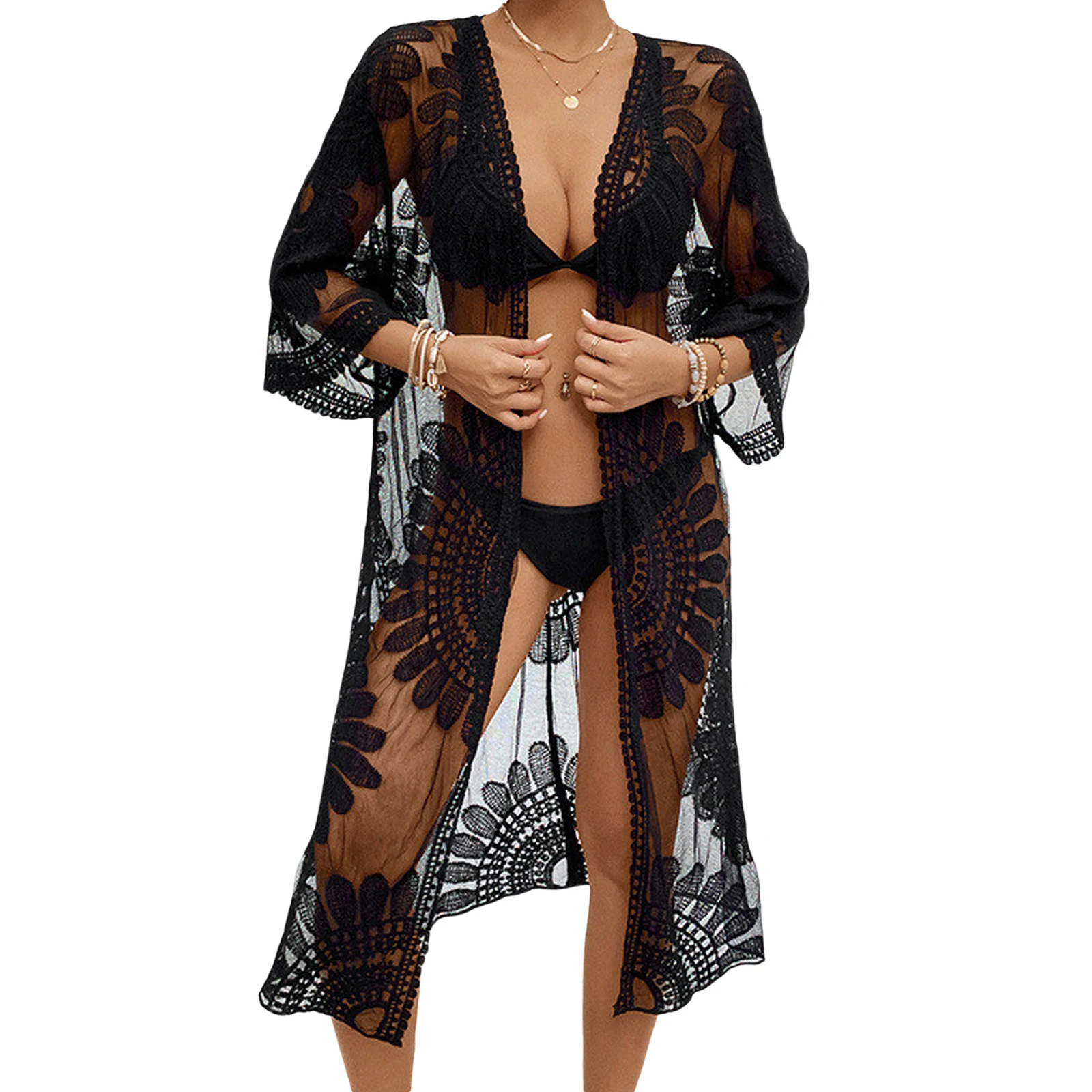 2025 New Fashion Women Bikini Cover up Floral Embroidery See-Through Lace Beach Kimono for Swimsuit Bathing Suit Summer Clothes