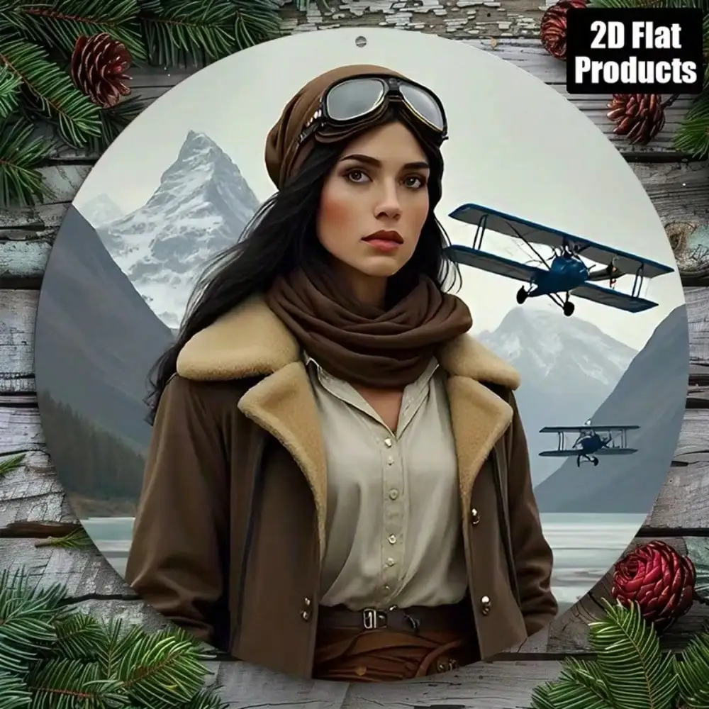 2D Flat High Definition Metal Wall Art Vintage Aviator Woman Brown Shearling Jacket Leather Goggles Beige Shirt Scarf Snow Mount