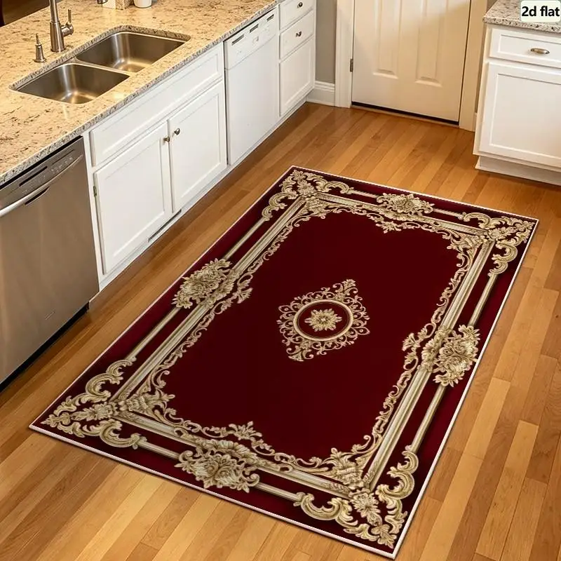 Carpet Flooring Red Square Area Rug Luxury Golden Baroque Floral Frame Medallion Floor Carpet for Living Room