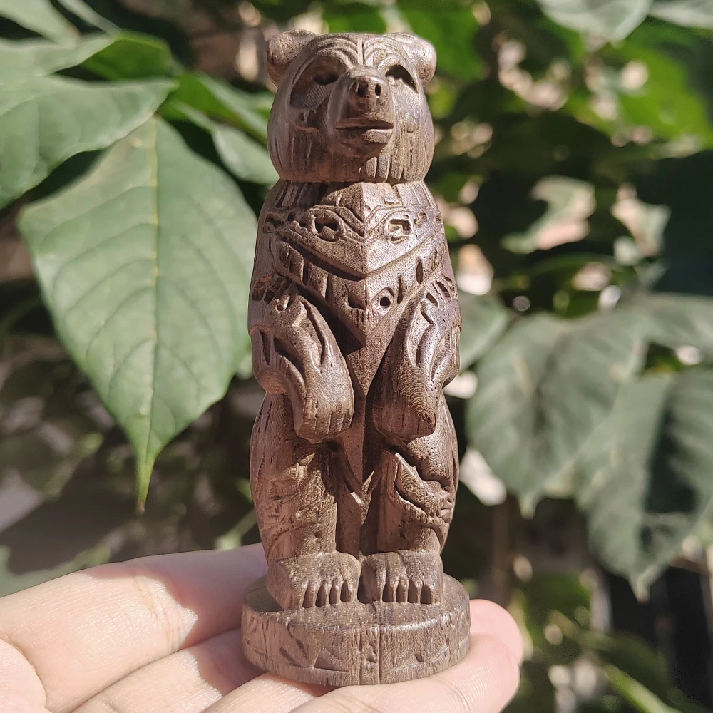 3.8 Inch Wooden Bear Totem Ornament, Hand-Carved, Ethnic Style, Tribal Style, Suitable for Party Decoration, Christmas Decorations, Creative Desktop Ornaments, Bedroom, Birthday Gifts, Study Room, New Year Gifts