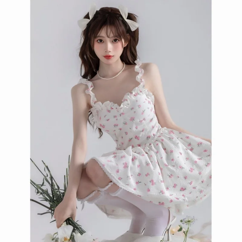 

Side sauce summer new sweet style ins Super fairy floral strap dress Princess dress student short skirt