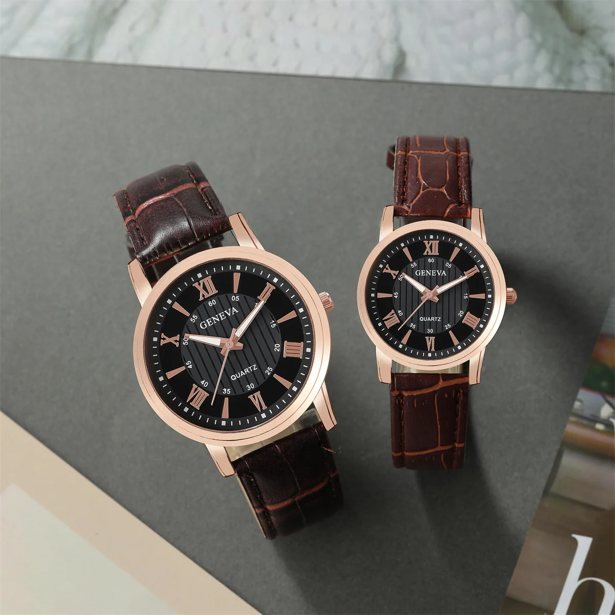 2PCS Fashion Couple Set Watches Luxury Men Women Business Casual Leather Quartz Watch Simple Brown Wristwatch