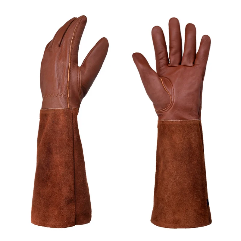 Guantes de cuero de manga larga para jardinería, transpirable resistente a los pinchazos Guante de cuero, poda Floral rosa