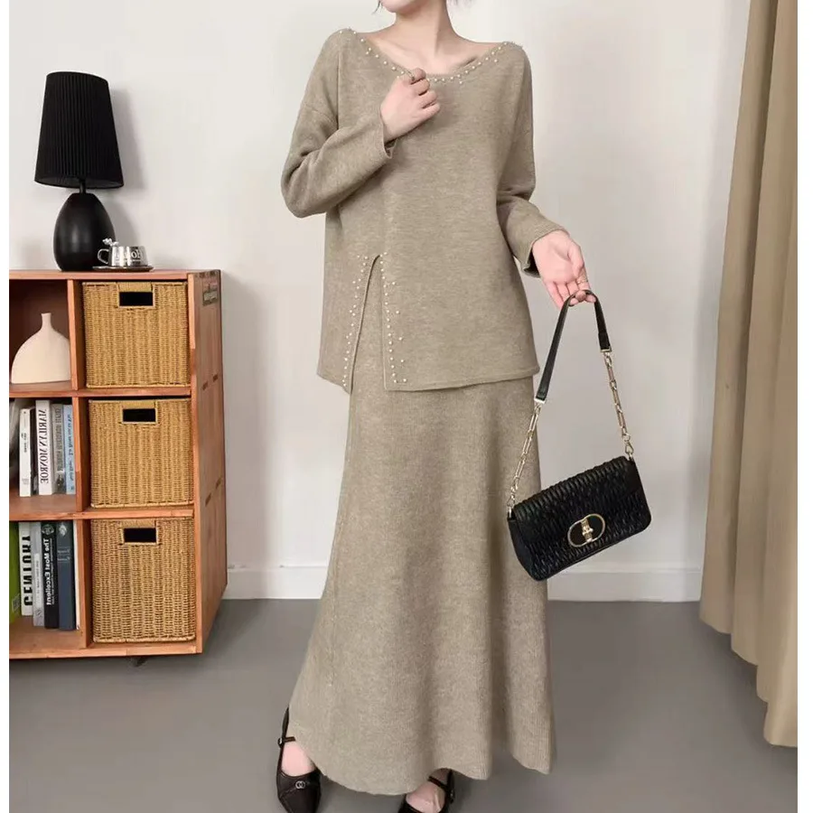 Two Pieces Women Knitted Dress Sets Solid Matching Sets Beaded Slit Round Neck Pullover Ankle Length Skirt 2025 Autumn Winter
