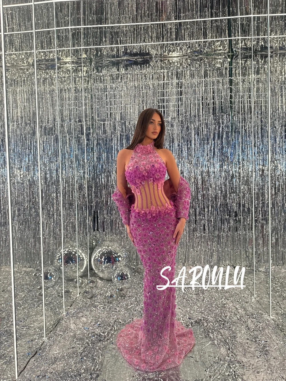 

Eye-catching 3D Flower Purple Halter Prom Dress Sheer Waist Corset Mermaid Train Sparkly Banquet Party Evening Gown Customized