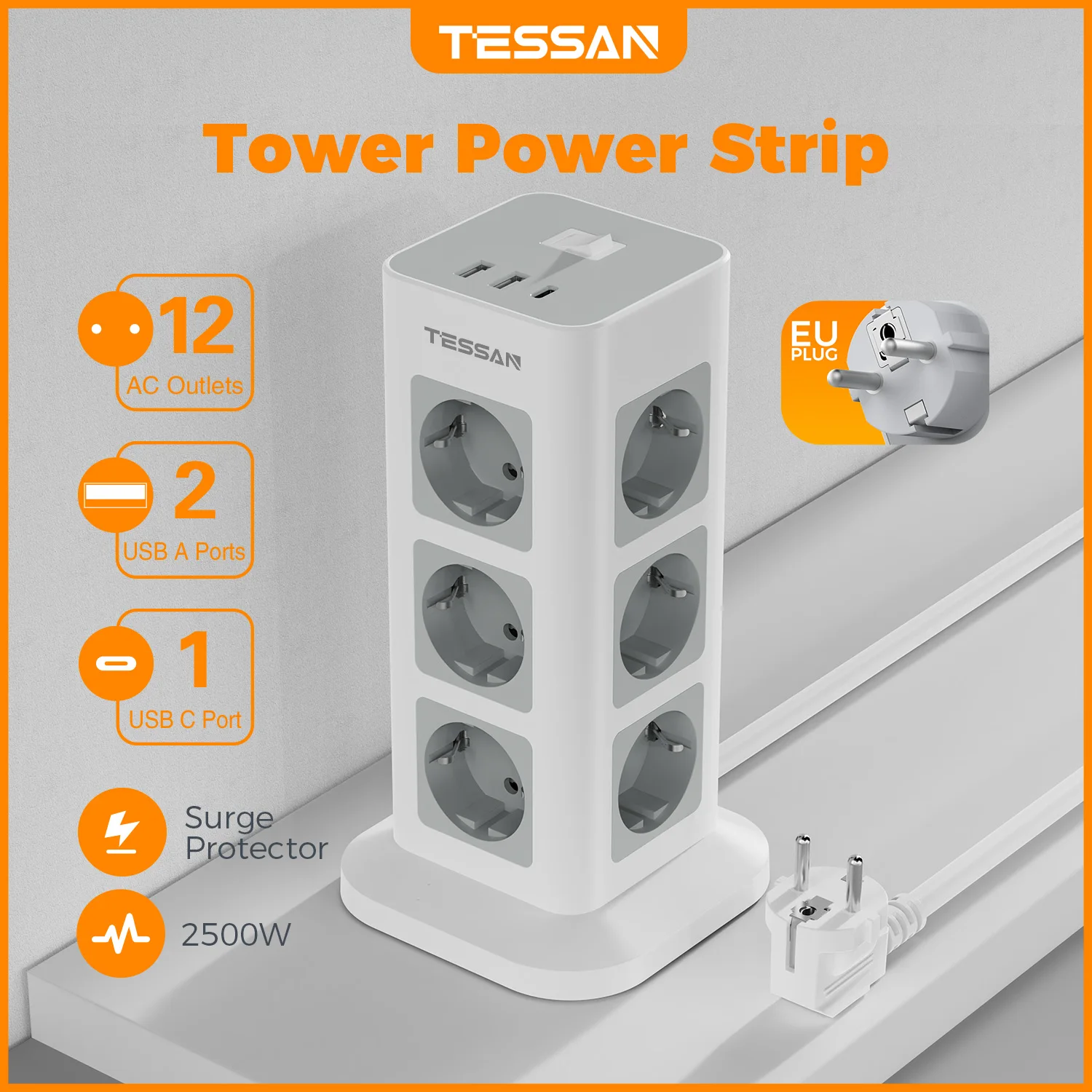 TESSAN Tower Power Strip with Surge Protection Grey Vertical Tower Power Strip with USB 2M Extension Cord EU Plug Tower Socket