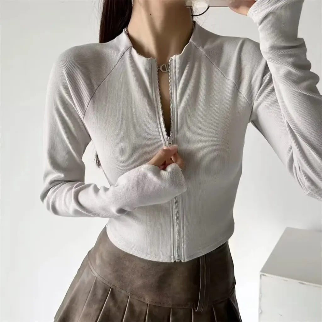 

YPFF женская приталенная футболка с длинным рукавом в европейском и американском стиле, кардиган с короткими пальцами, топ с застежкой-молнией для нижнего белья