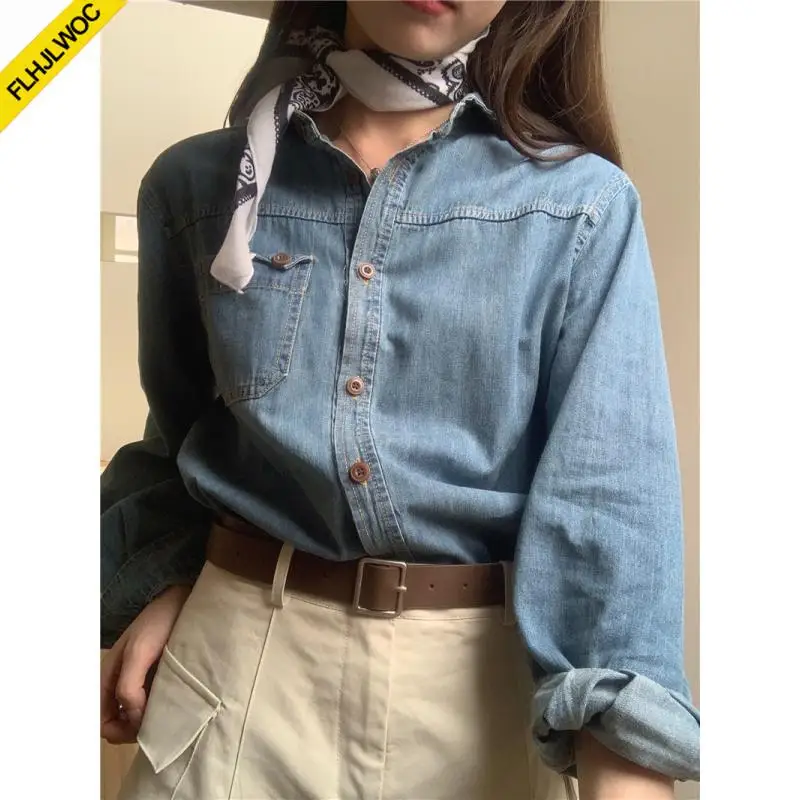 Cotton Tops Loose Outerwear New Year Women Long Sleeve Casual Japan Girls Preppy Style Pockets Button Blue Jeans Denim Shirts