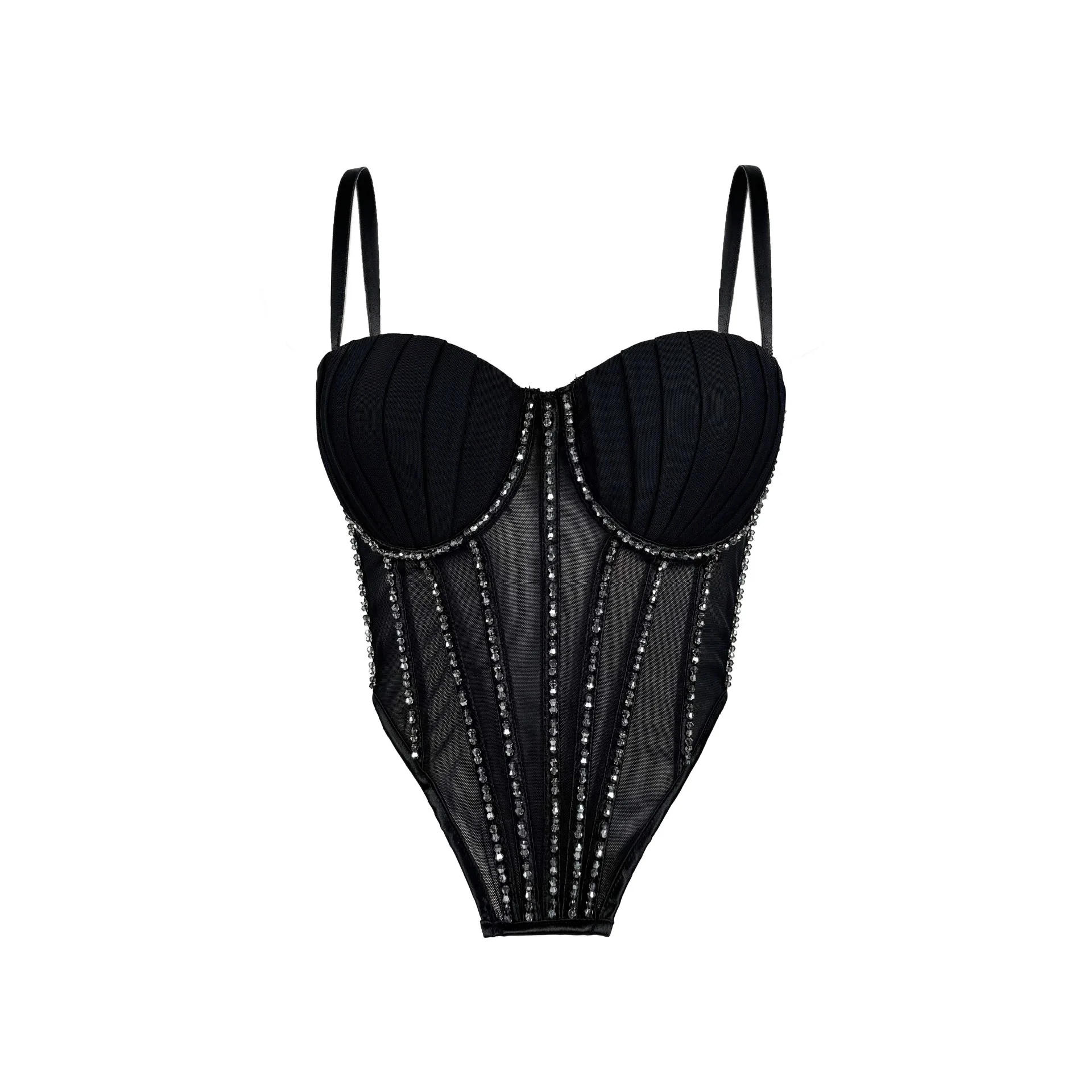 

customized women's adult sexy mesh camisole vest with sparkling diamond sequins fishbone corset bra sexy lingerie sexy costume