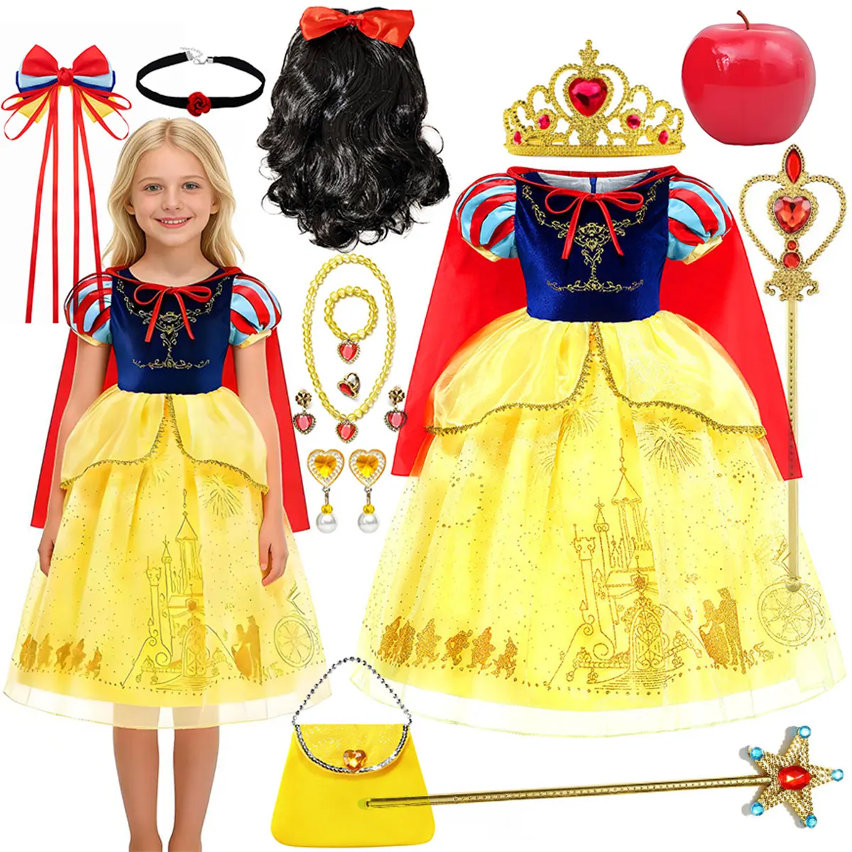 

Карнавальный костюм Диснея для малышей: роскошное платье принцессы Белоснежки с накидкой, комплект для косплея Белоснежки для девочек