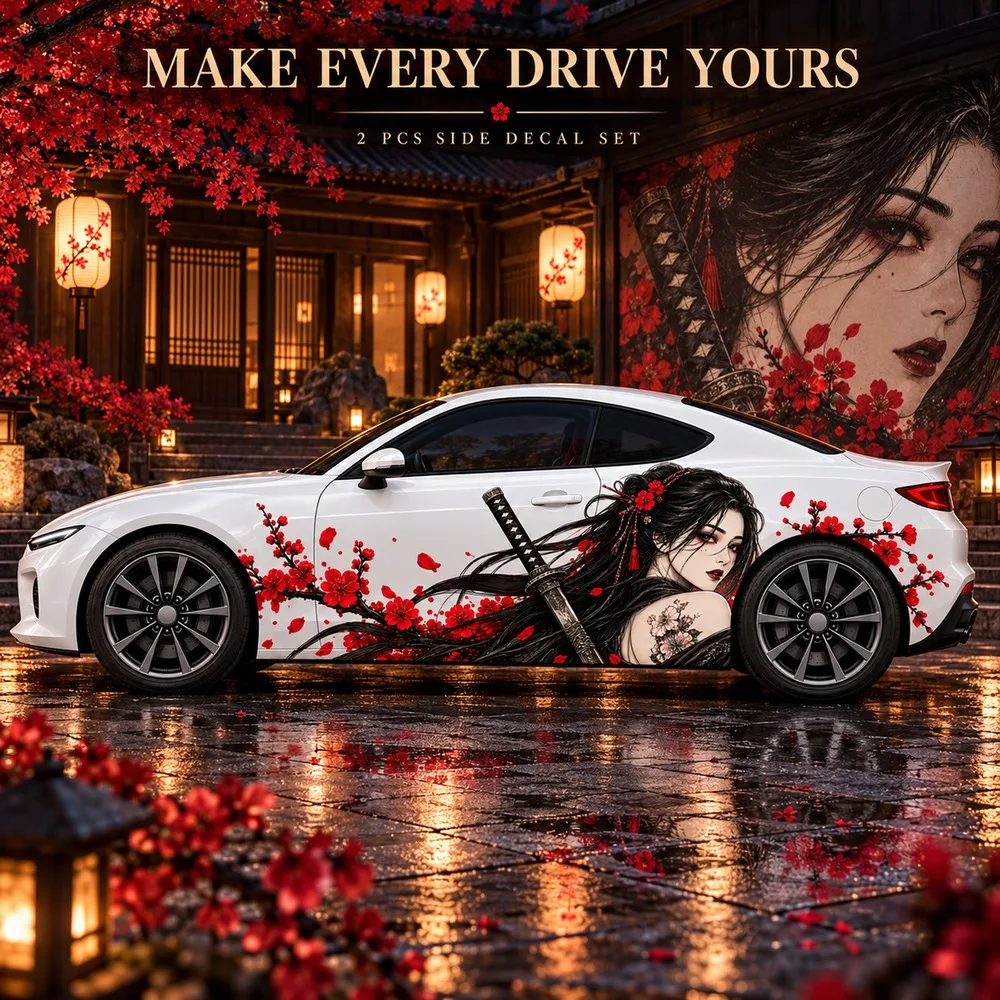 2 PCS Samurai Girl Car Side Decals, Crimson Blossom Swordswoman Die-Cut Vinyl Sticker Set