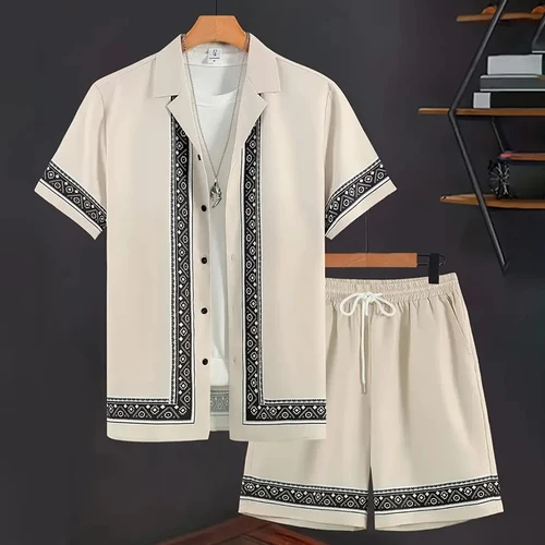Imagen 2 del producto ¡Novedades 2024! Traje de vacaciones de verano para hombres, camisa con borde con textura Retro estampada, pantalones cortos de manga corta, traje de piscina transpirable de dos piezas para hombres