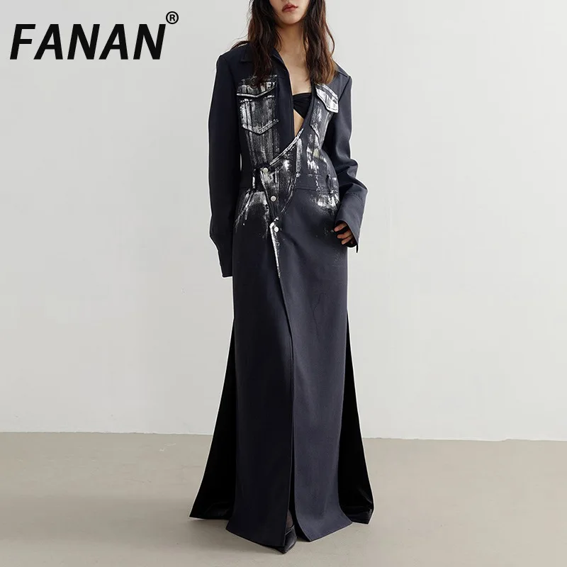 

FANAN Designer Long Trench For Women Irregular Spliced Gathered Waist Windbreaker Streetwear Female Coats Fashion 2025 New