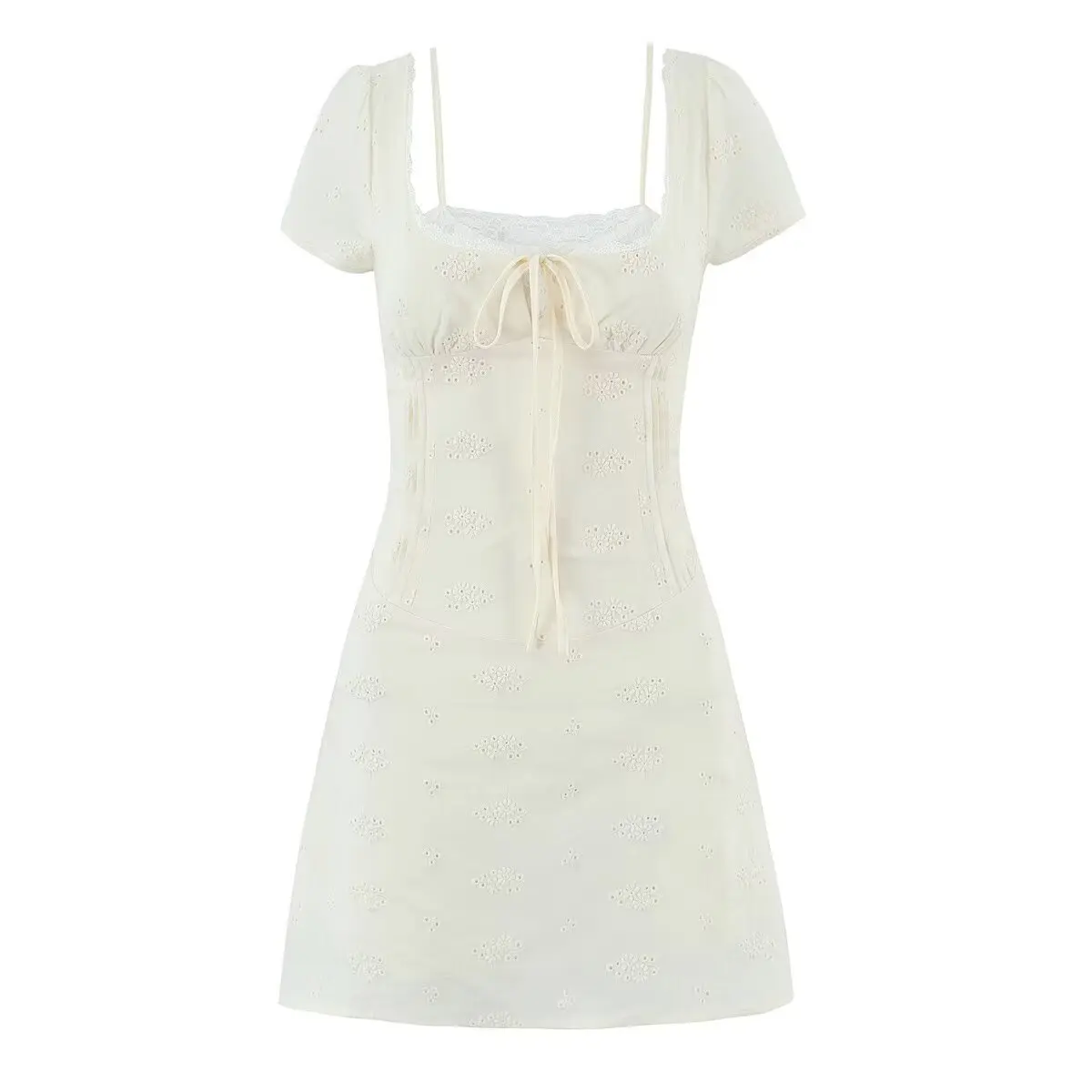 

Withered Fashionable Lace Edge Pleated Pure Desire Bubble Sleeve Short Dress Woman Clothes Dress Elegant Party Dresses