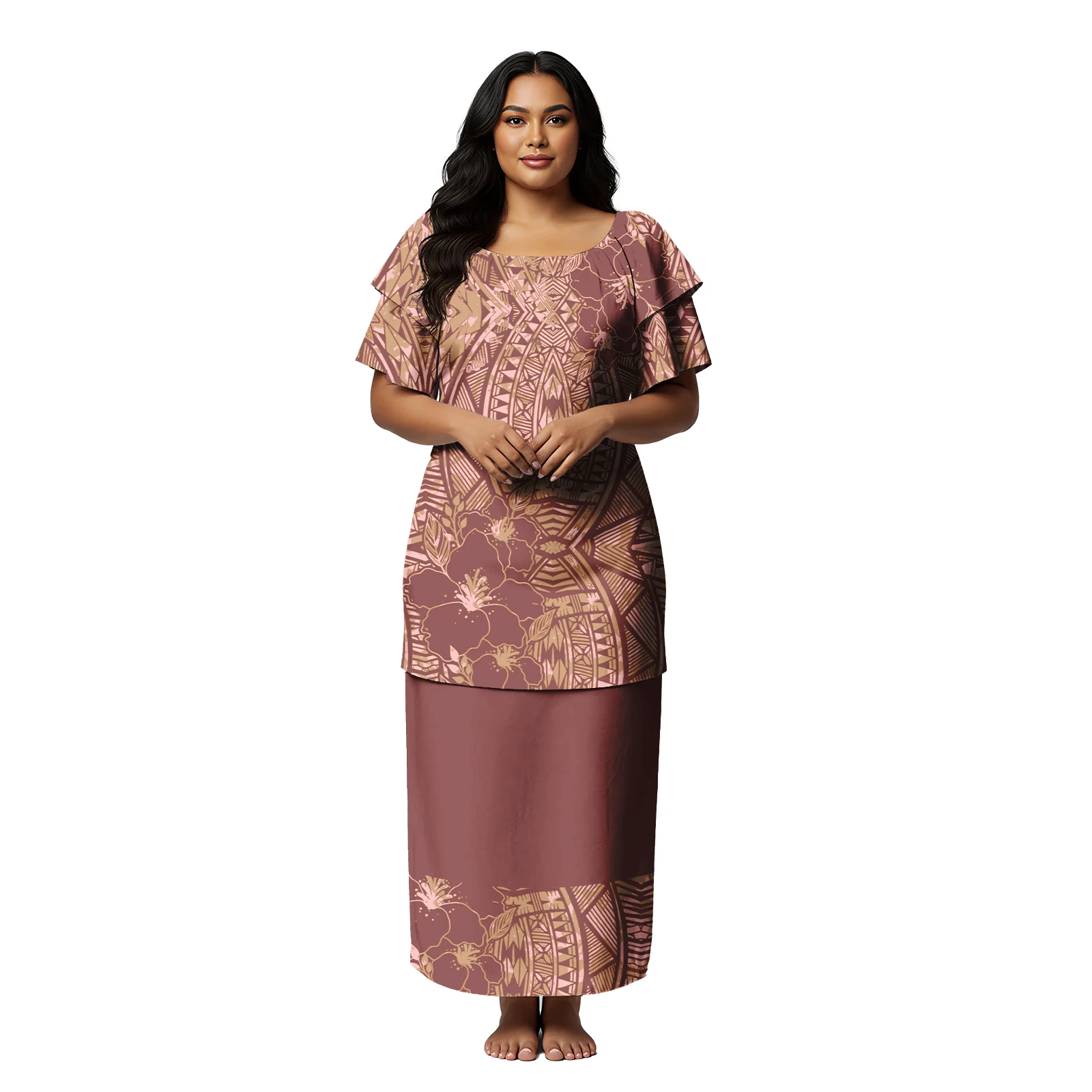 Fashion Samoan Custom Ruffles Clothes Polynesia Holiday Party Lady Wear Ladies Puletasi 2 Piece Set Tribal Design Women Puletasi