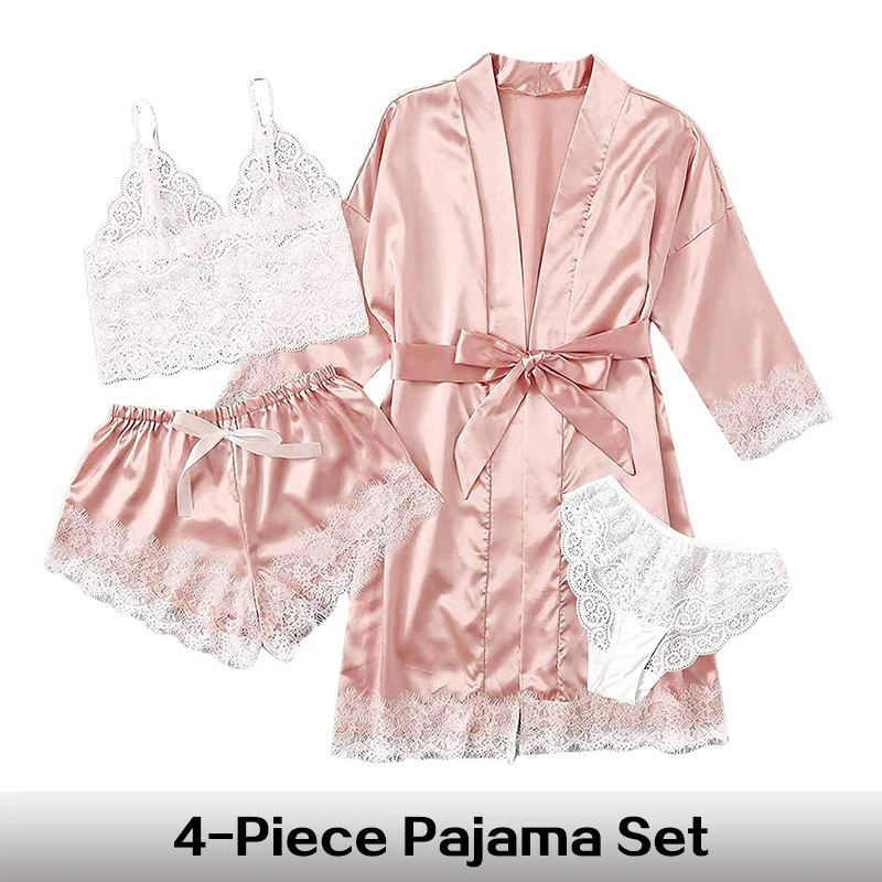 Verão das mulheres Sexy Pijama Calças Set 4 Pieces Lace Satin Com Seda Sleepwear Robe Moda E Confortável Nightwear