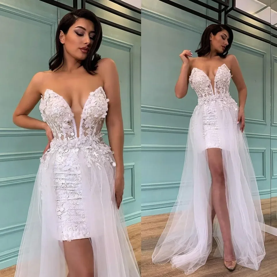 

Stylish Sexy Short Sheath Beach Wedding Dresses Deep V Neck Bridal Gowns With Detachable Train Tulle Appliqued Vestido De Novia