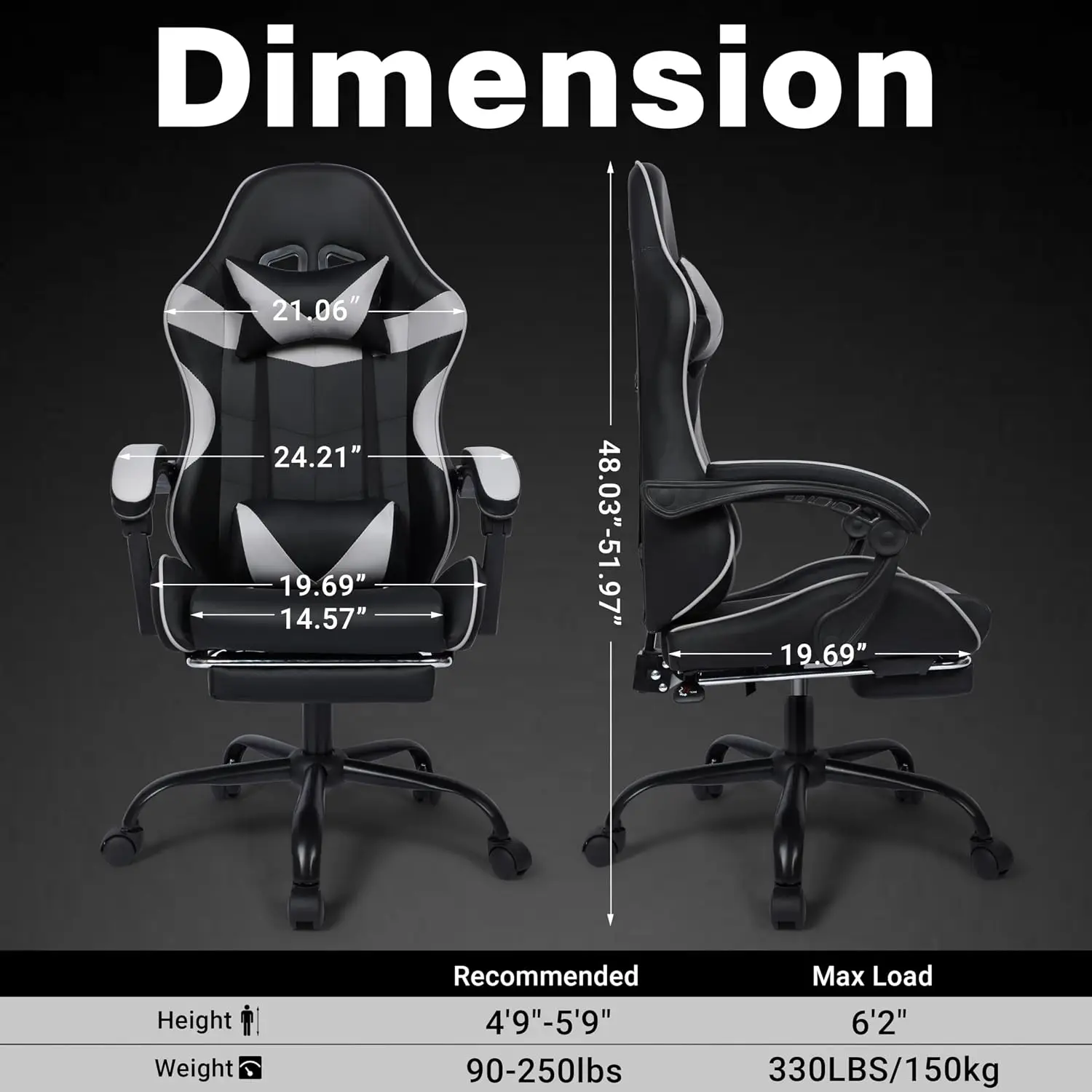 Gaming Chair with Footrest and Lumbar Support, Height Adjustable Chair with 360°Office Desk Chair,Heavy Duty 330lbs Computer Chair for Adults
