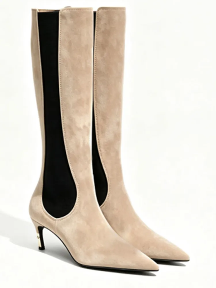 Neue kniehohe Damenstiefel mit spitzem Kitten-Heel und Stretchmaterial für Herbst- und Winterpartys, mittellange Stiefel.