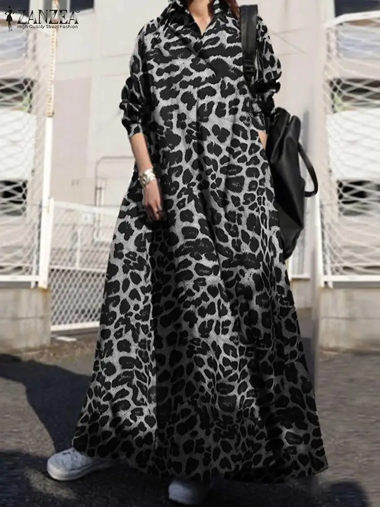 ZANZEA Stylish Autumn Laple Neck Long Sleeve Sundress Bohemian Holiday Loose Vestido Oversize Women Leopard Print Maxi Dress