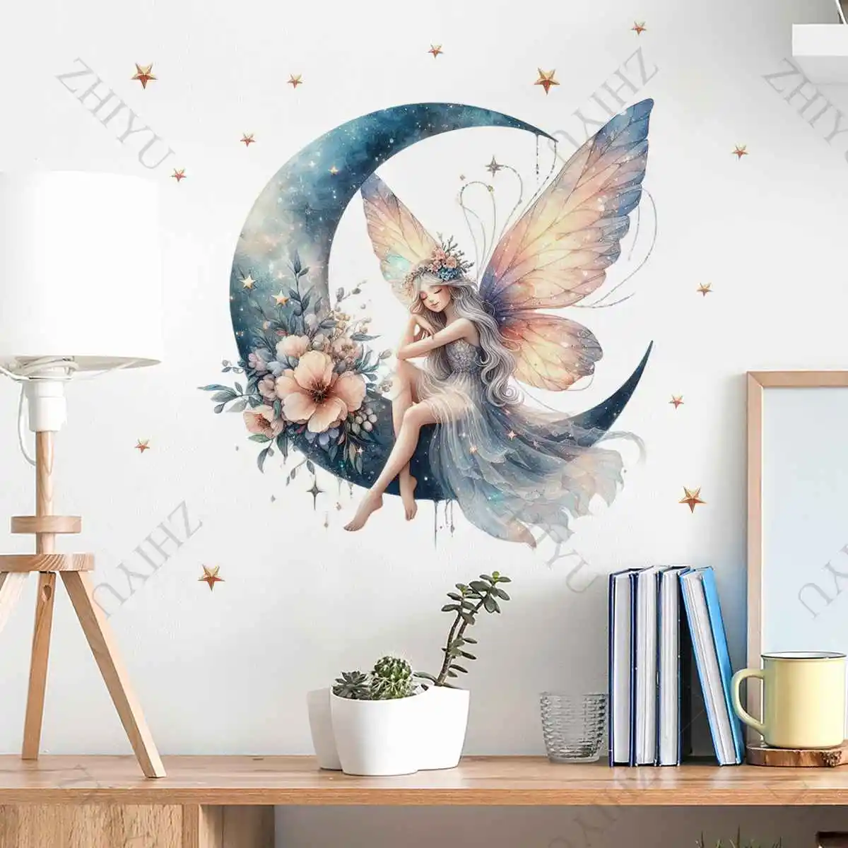 ZHIYU كارتون ذاتية اللصق خلفية الأزرق التدرج فراشة قزم الجلوس على زهرة القمر مع نجمة الجدار ملصق الديكور غرفة نوم #1