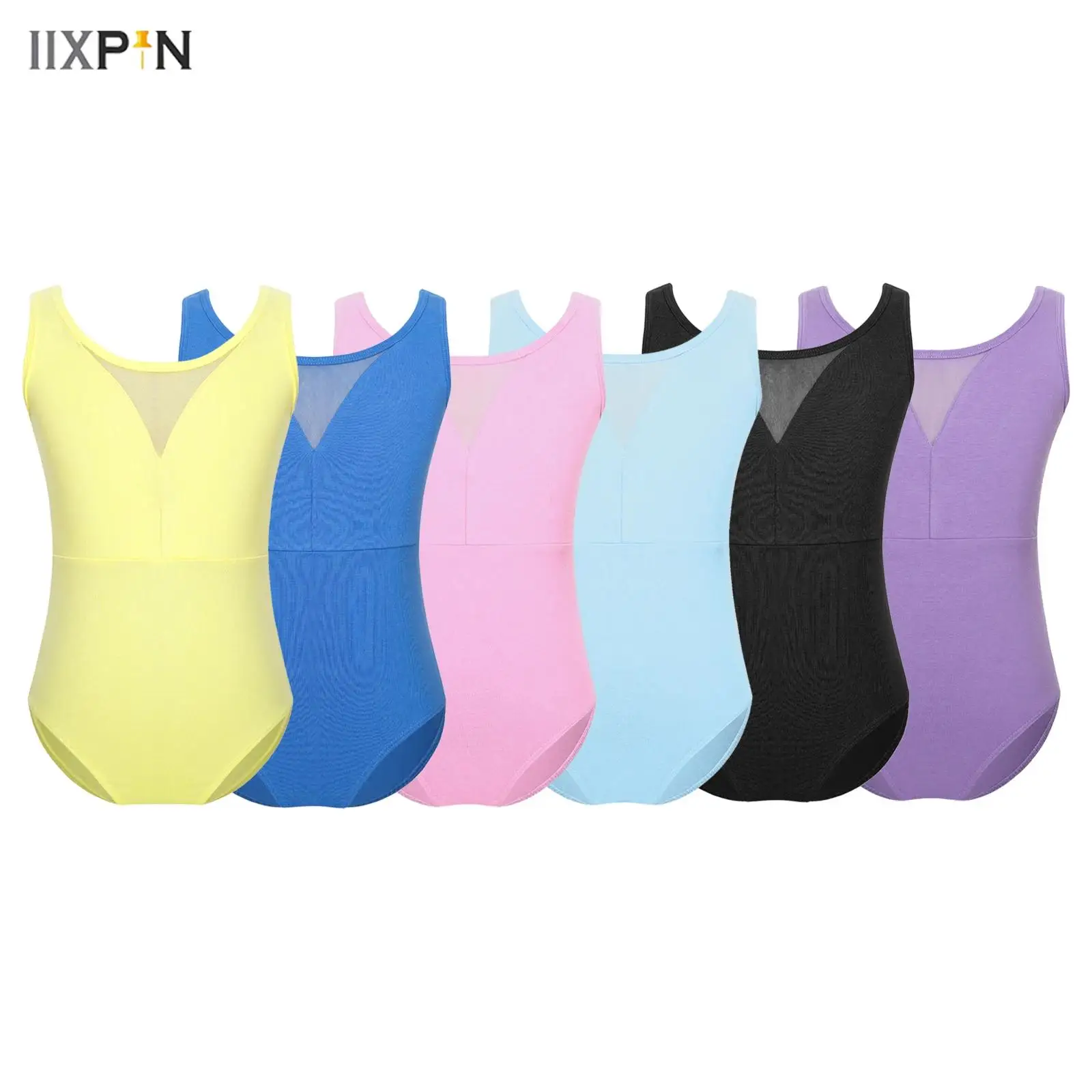 

Kids Girls Ballet Leotards Cotton Sleeveless Sheer Mesh Patchwork Bodysuit Gymnastics Training Performance Costume Ballerina
