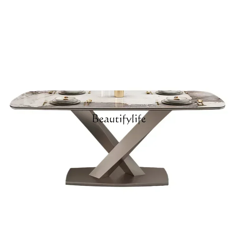 

Bright Stone Plate Dining Table Light Luxury Household Small Apartment 4-Person Rectangular Chair Combination Dining TableA